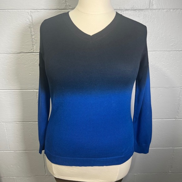 Rock & Republic Ombre Blue‎ to Black V-Neck Sweater Lace-Up Back Pullover Knit L - Picture 1 of 9